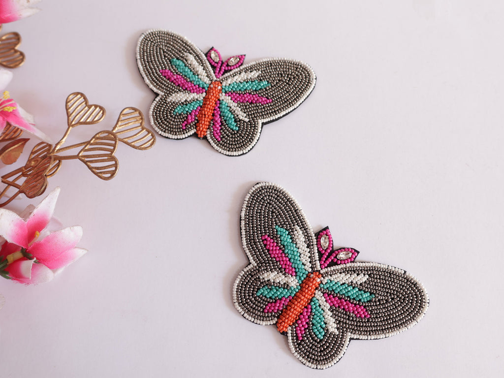 Colorful Beaded Butterfly Patch: Sew-On Applique (8x7 cm)