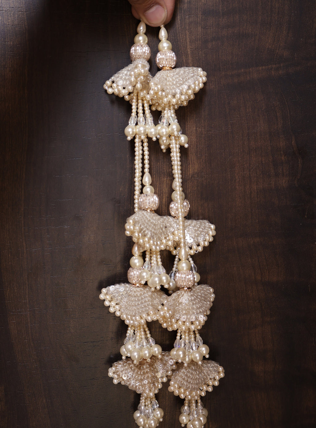 Pearl & Crystal Lehenga Tassels: Creme White Beaded Tiebacks - 1 Pair