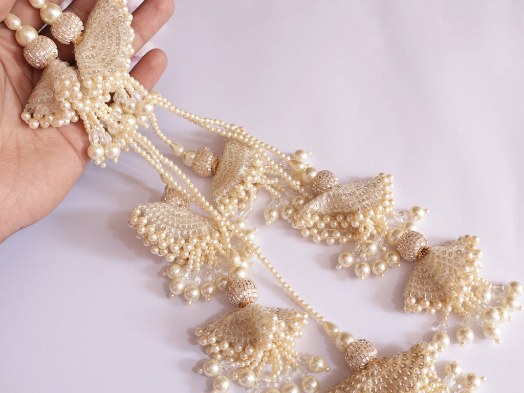 Pearl & Crystal Lehenga Tassels: Creme White Beaded Tiebacks - 1 Pair