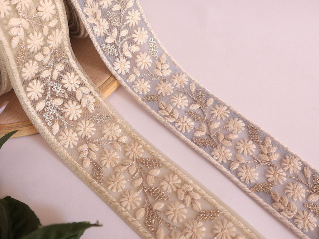 Floral Embroidery Sequin Trim: Sky Blue & Mint Green Sari Border