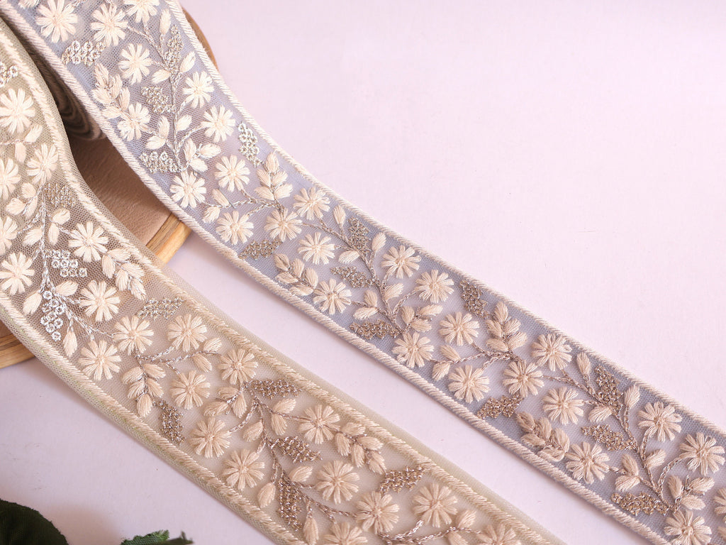 Floral Embroidery Sequin Trim: Sky Blue & Mint Green Sari Border