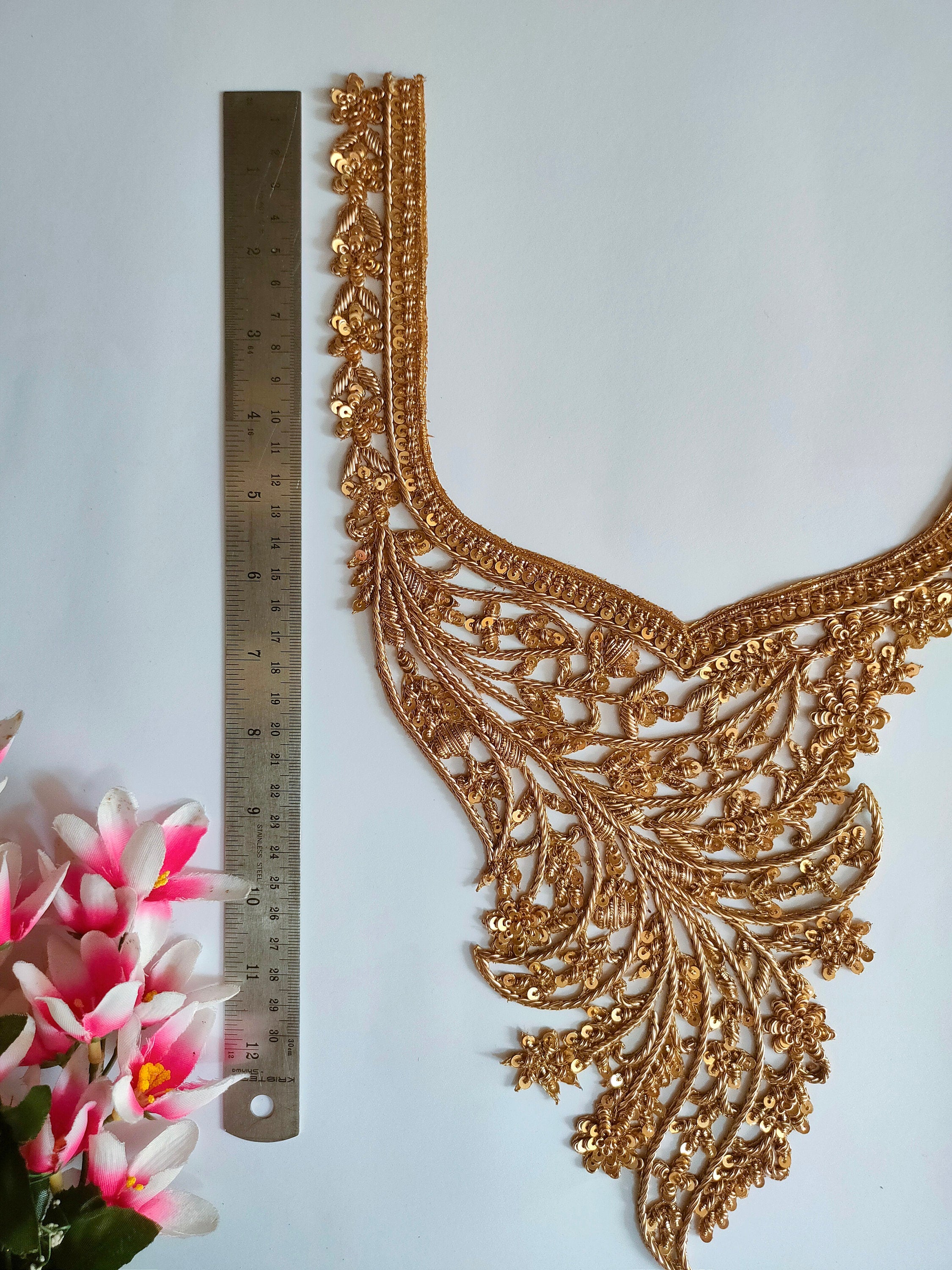 Golden Embroidered Neckline Applique: Indian Zardozi Patch with Sleeves