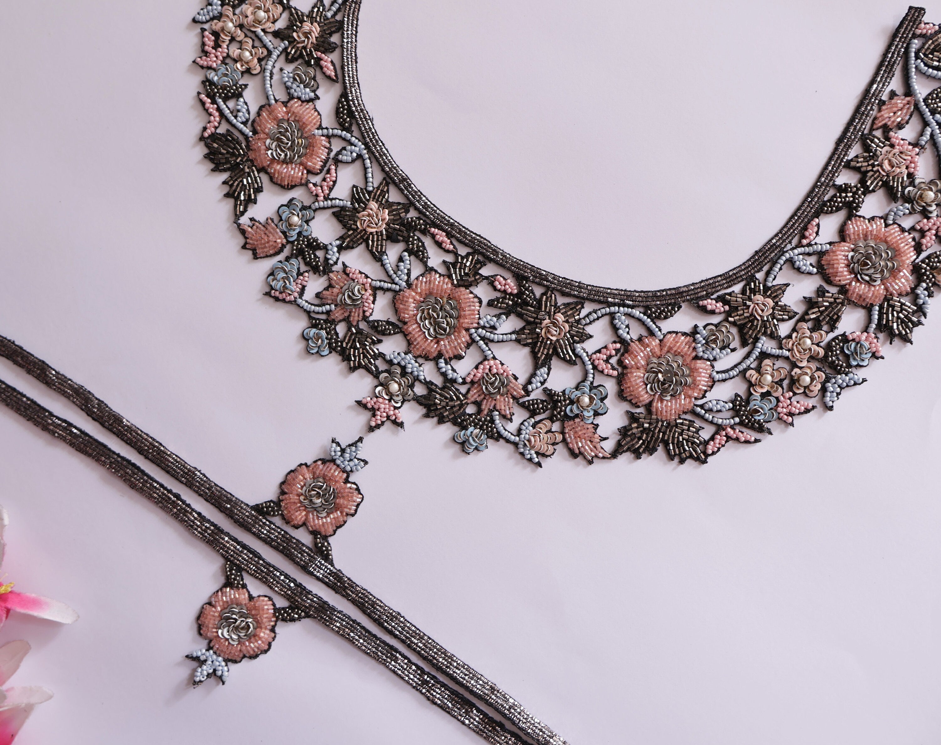 Beaded Floral Neckline Applique Patch: Sky Blue & Pink Glass Beads