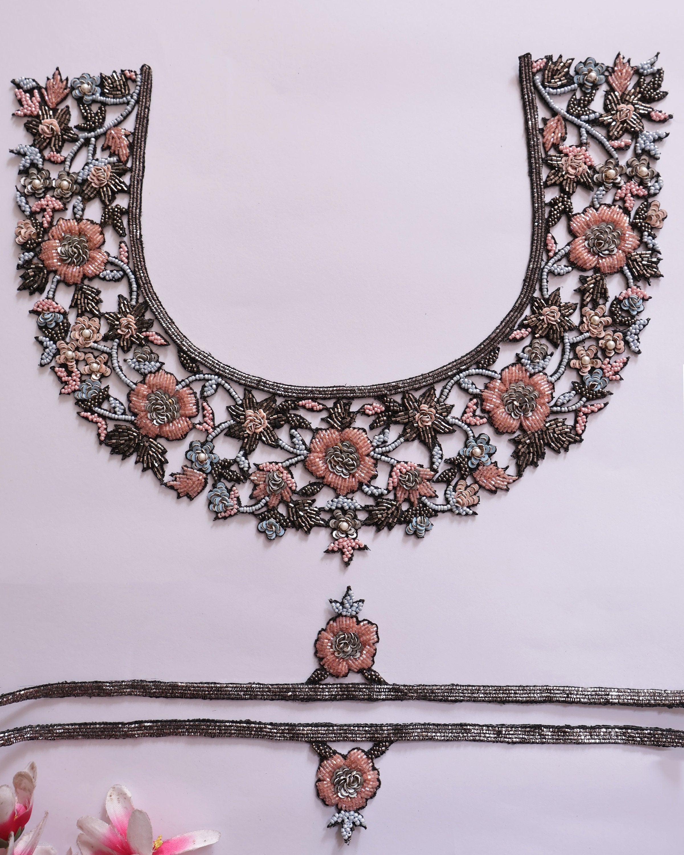 Beaded Floral Neckline Applique Patch: Sky Blue & Pink Glass Beads