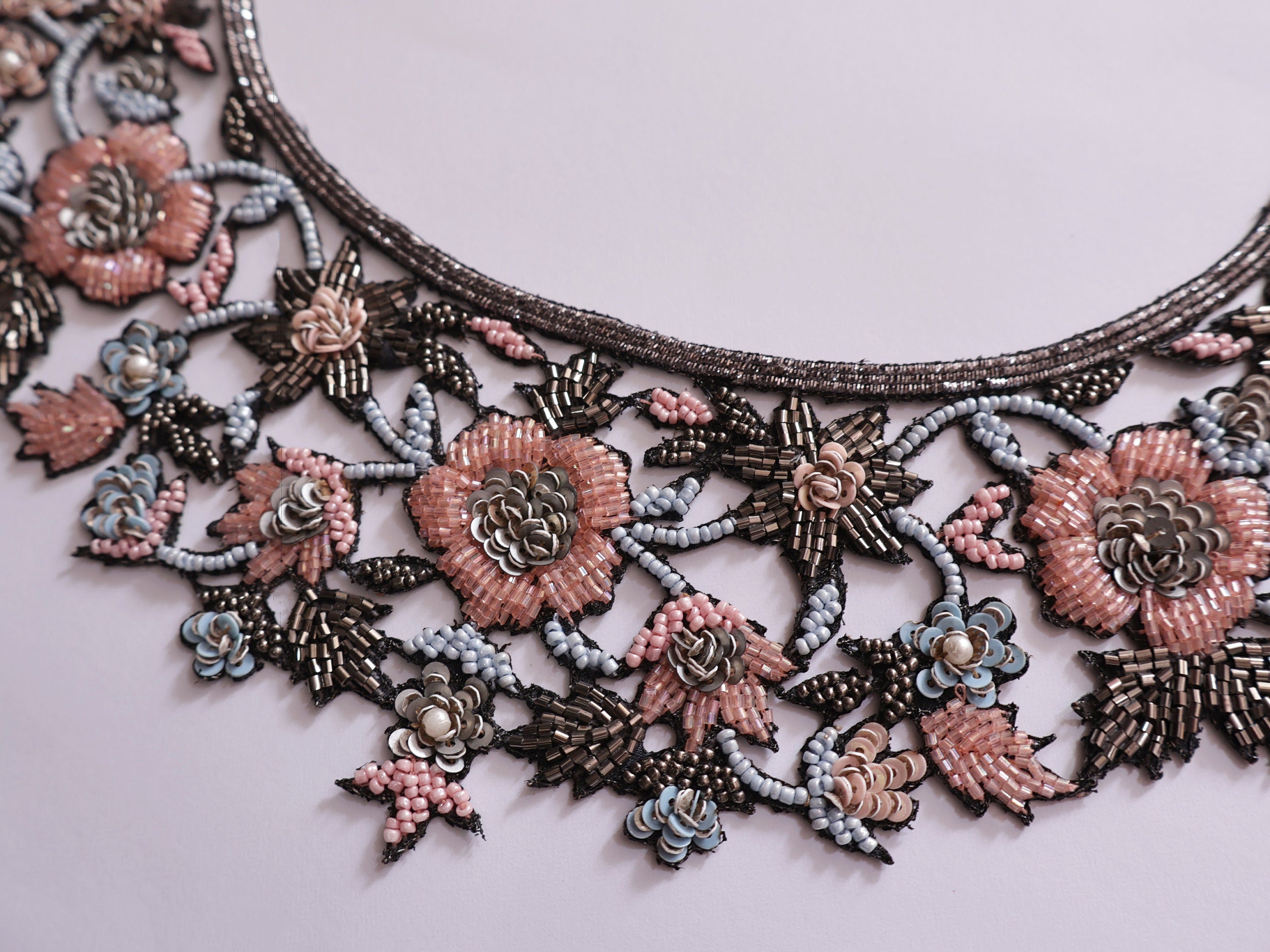 Beaded Floral Neckline Applique Patch: Sky Blue & Pink Glass Beads