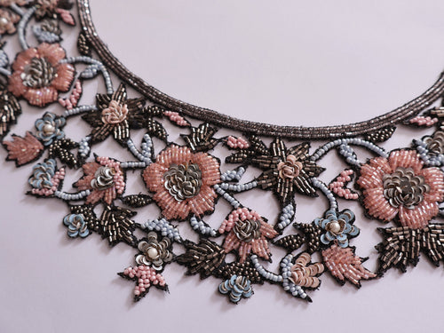 Beaded Floral Neckline Applique Patch: Sky Blue & Pink Glass Beads