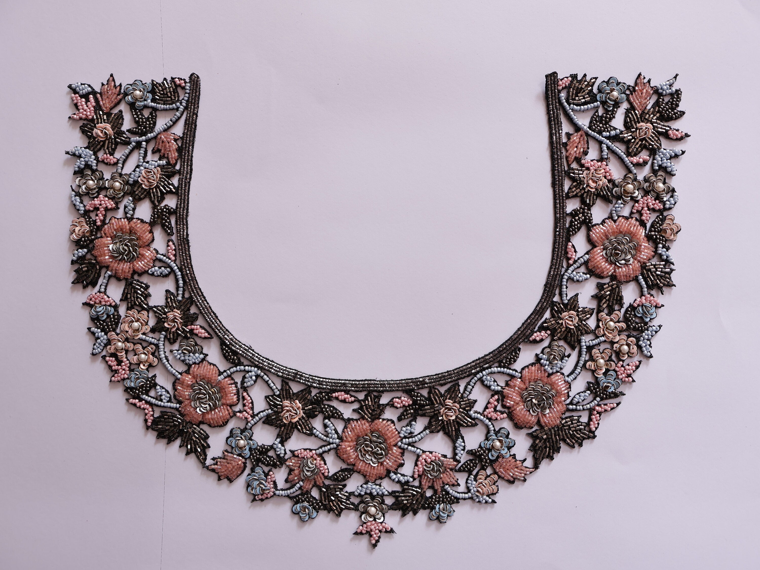 Beaded Floral Neckline Applique Patch: Sky Blue & Pink Glass Beads