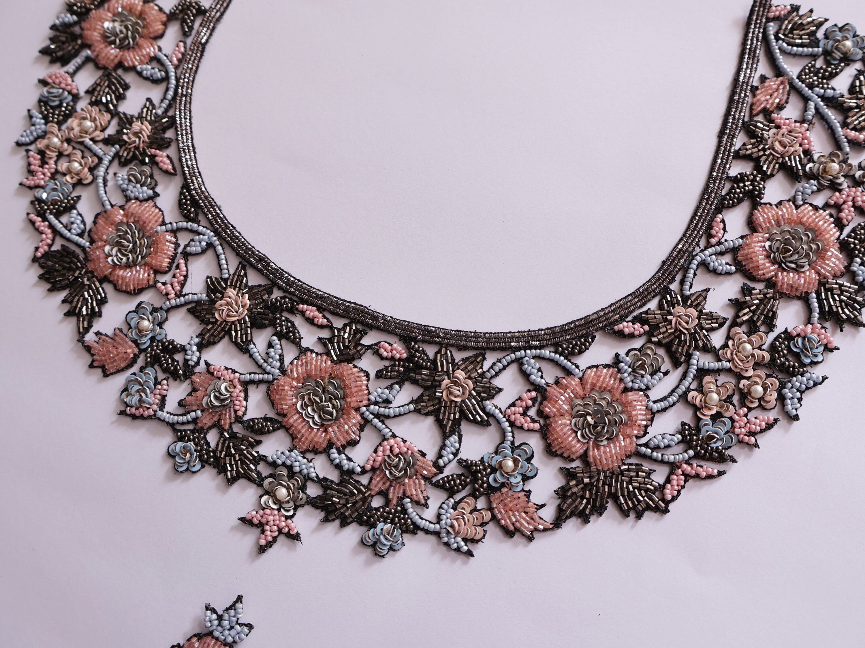 Beaded Floral Neckline Applique Patch: Sky Blue & Pink Glass Beads