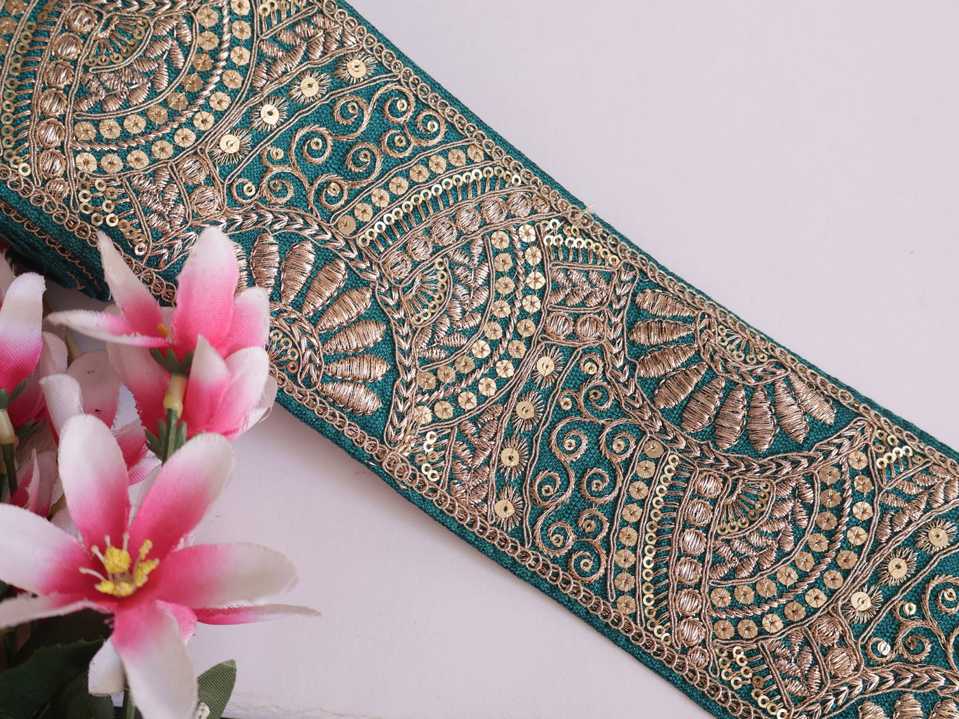 Exquisite Teal Green Thread & Sequin Border Trim - 1 Yard