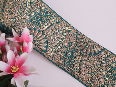 Exquisite Teal Green Thread & Sequin Border Trim - 1 Yard