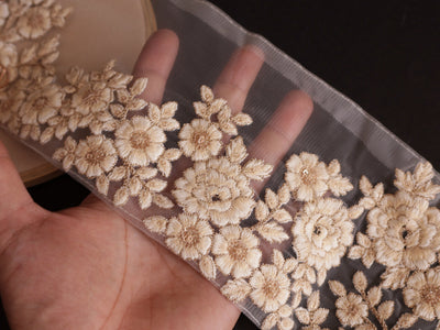 Floral Off White Thread Embroidered Trim Lace 14cm Wide By Yard