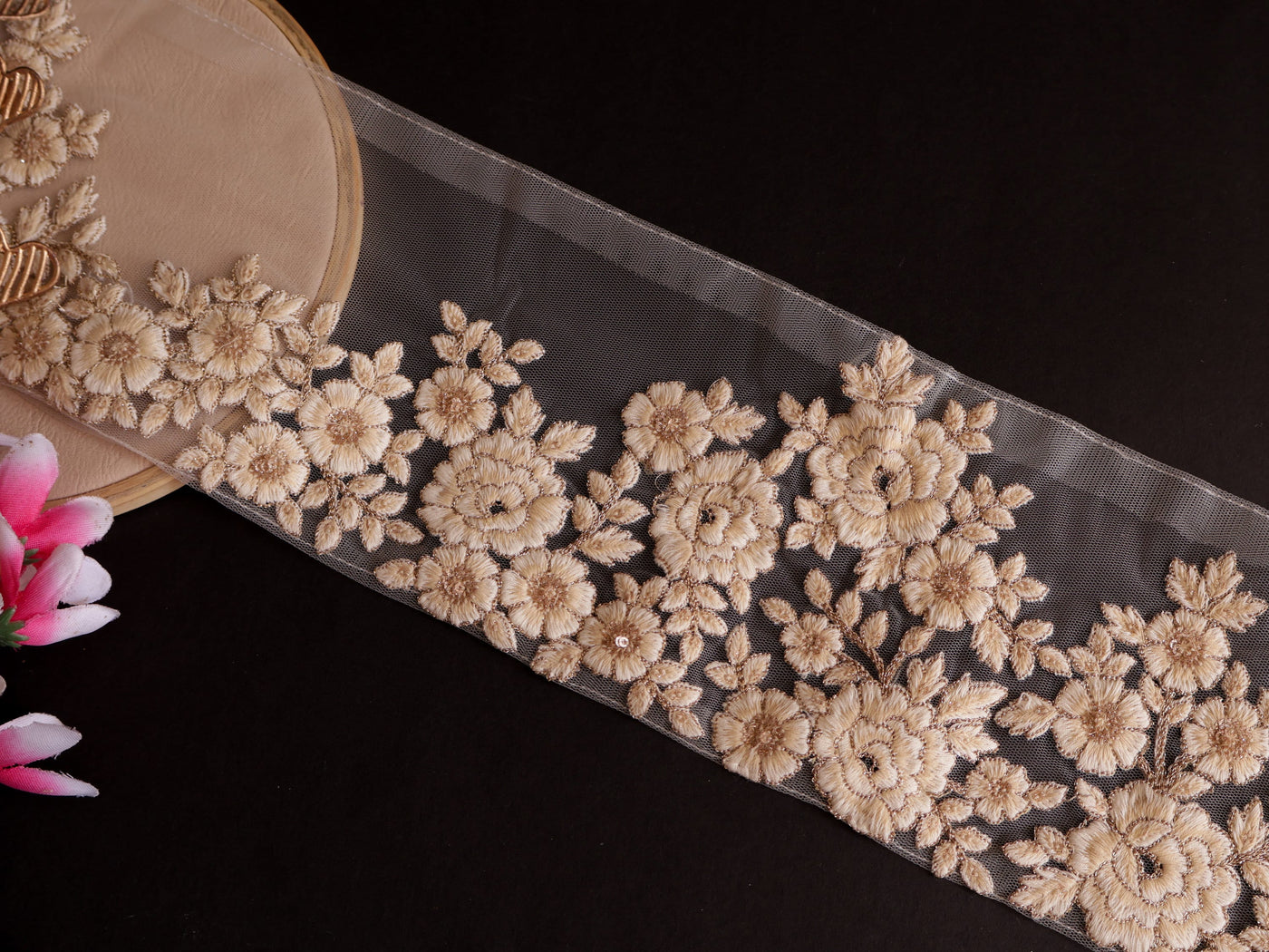 Floral Off White Thread Embroidered Trim Lace 14cm Wide By Yard