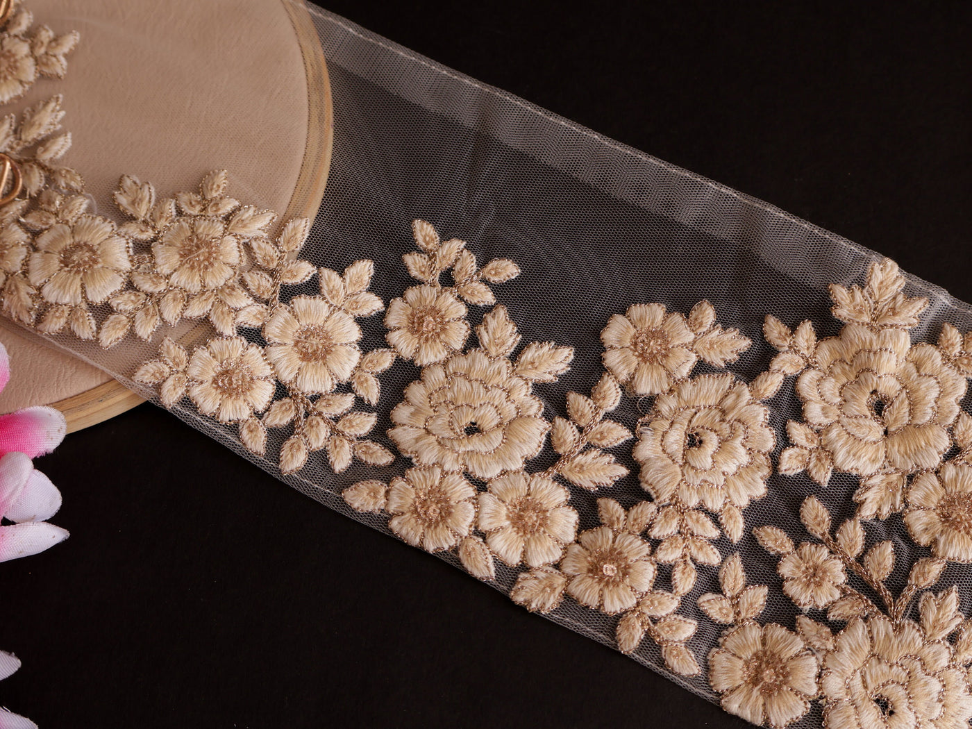 Floral Off White Thread Embroidered Trim Lace 14cm Wide By Yard