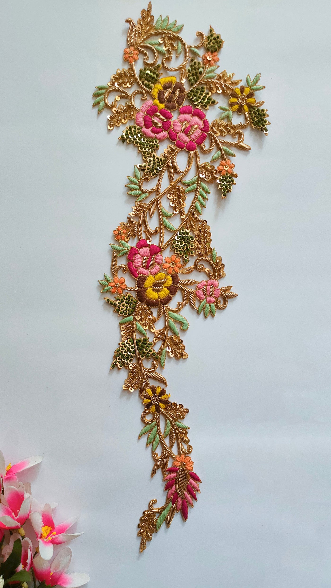 Floral Embroidered Long Golden Sew on Patch - 1 pc