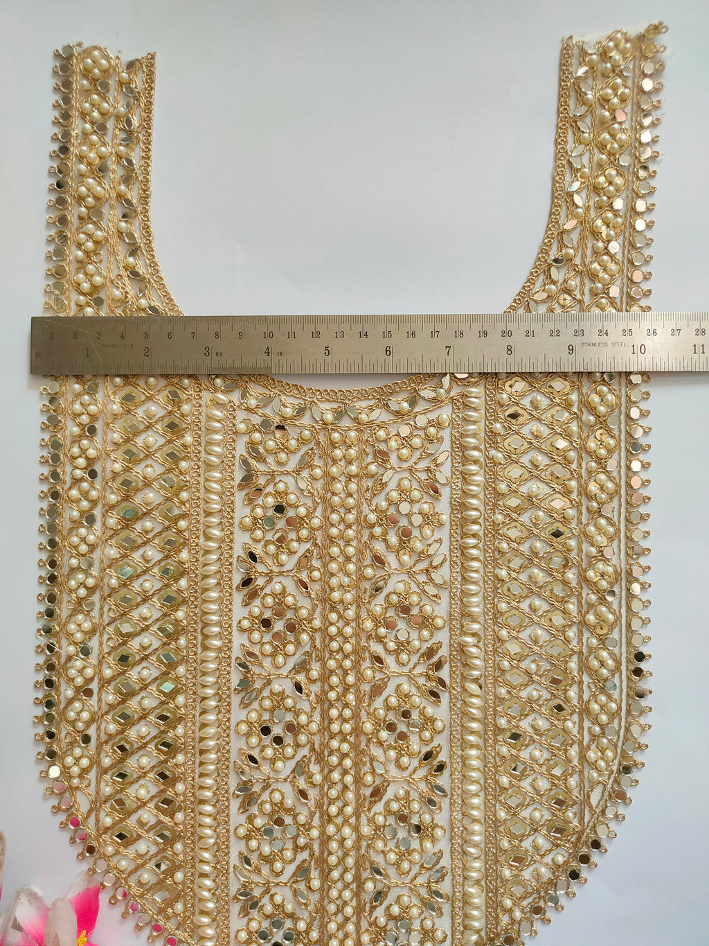Pearl & Mirror Gold Applique: Indian Zari Embroidered Neckline Patch
