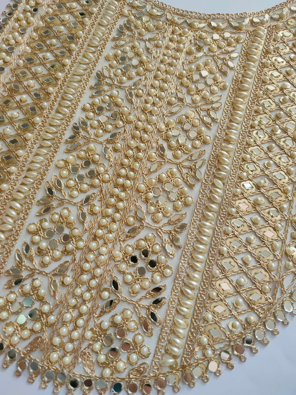 Pearl & Mirror Gold Applique: Indian Zari Embroidered Neckline Patch