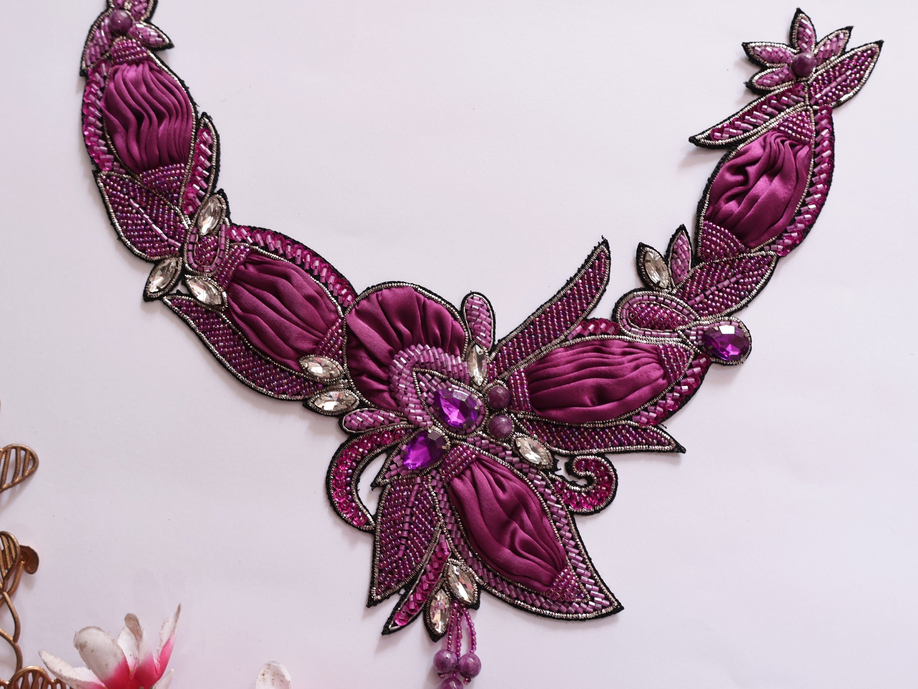 Handmade Wine Purple Beaded Applique: Crystal Embroidered Patch