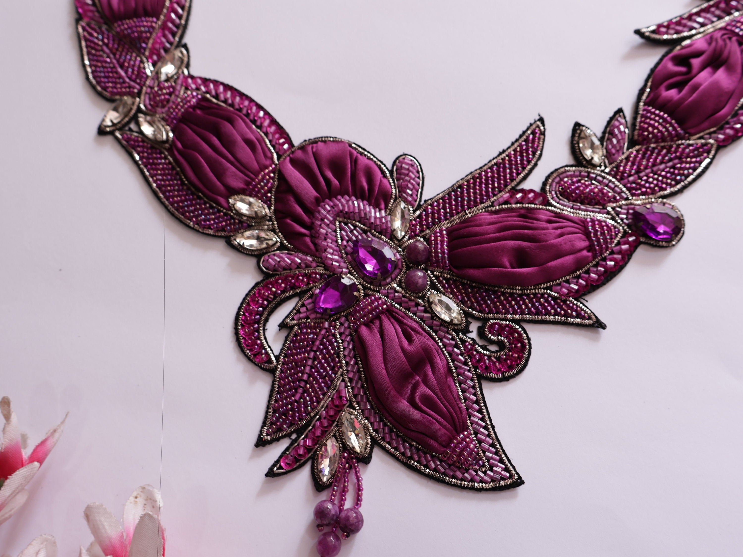 Handmade Wine Purple Beaded Applique: Crystal Embroidered Patch