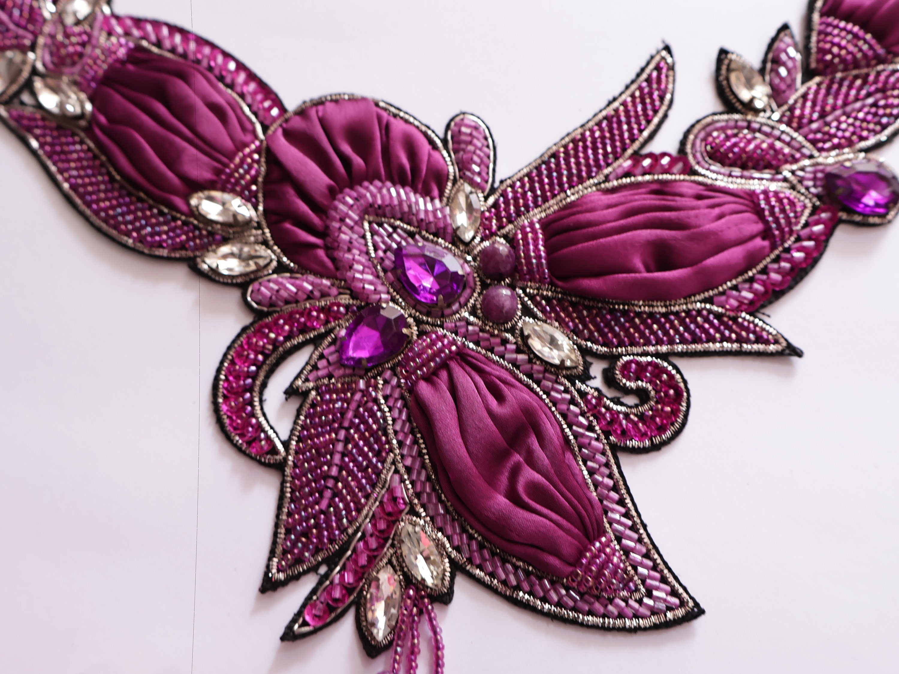 Handmade Wine Purple Beaded Applique: Crystal Embroidered Patch