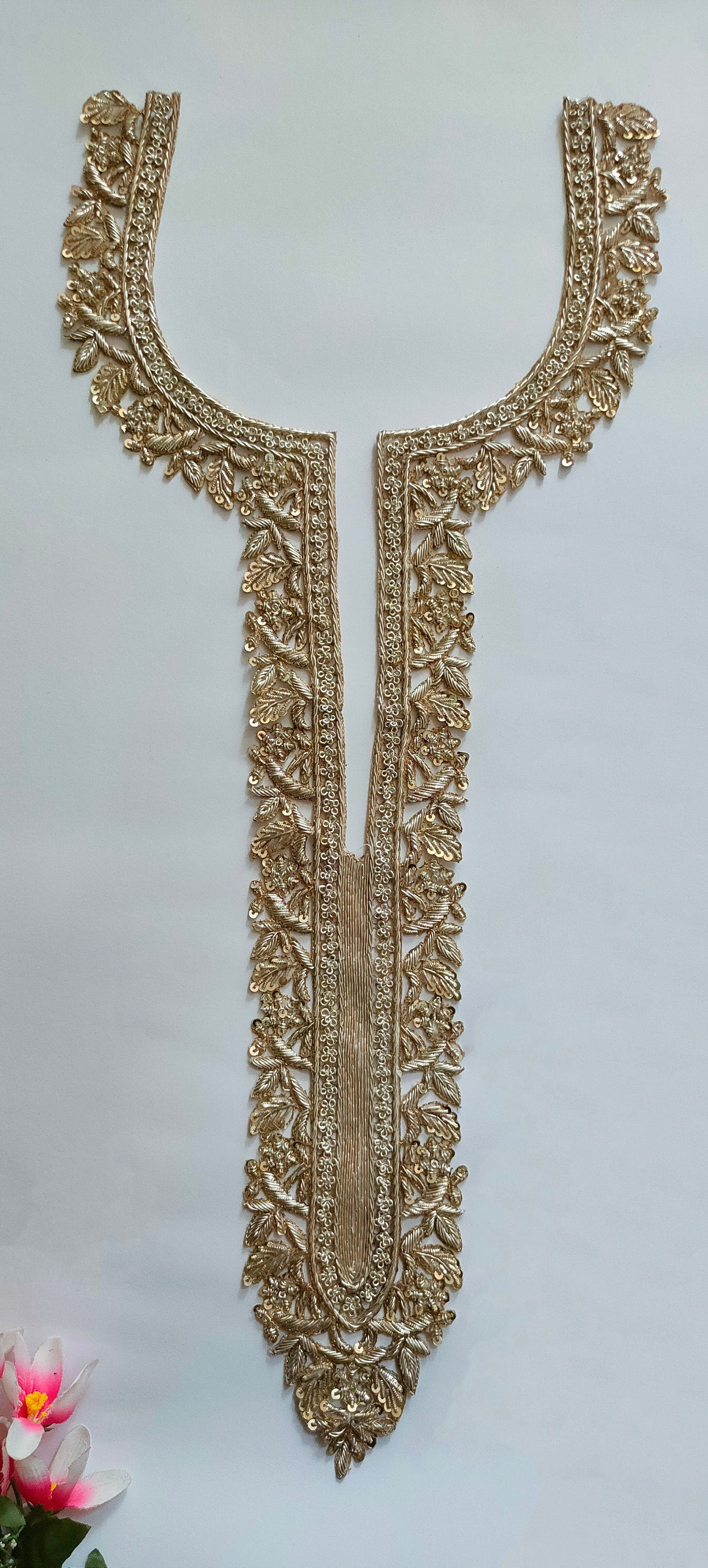 Handmade Zardozi Embroidery Neckline Patch with Sleeves: White & Gold Floral Applique