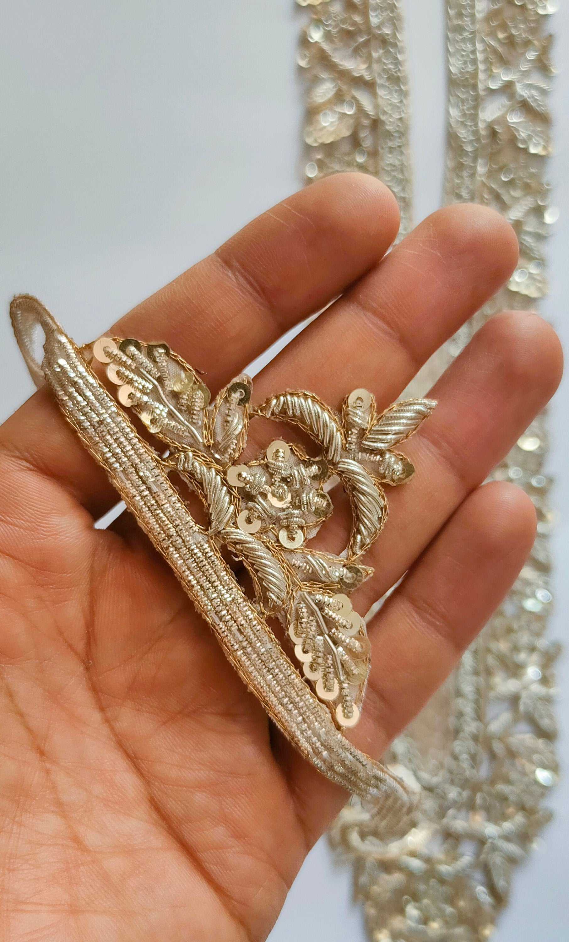 Handmade Zardozi Embroidery Neckline Patch with Sleeves: White & Gold Floral Applique