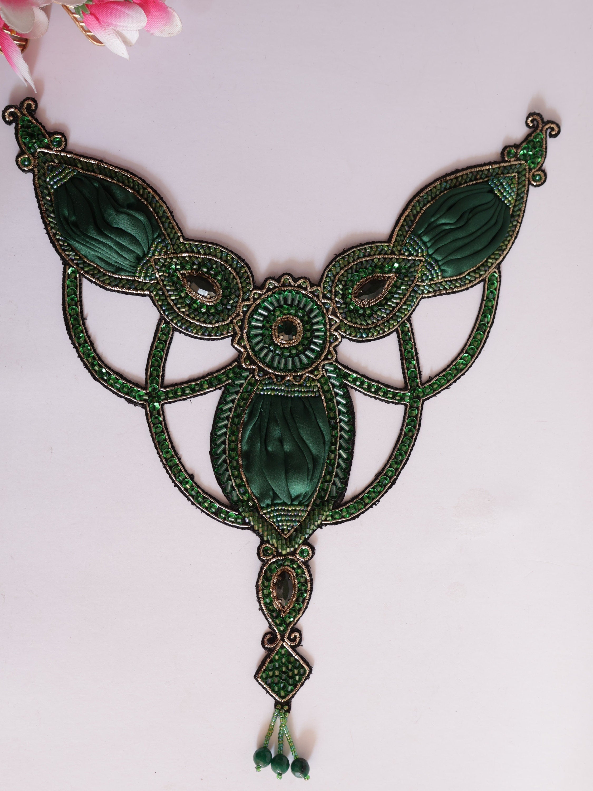 Green Embroidered Applique Patch: Handcrafted Indian Sequin Cutdana