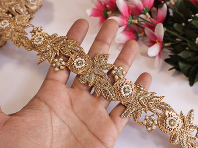 Antique Gold Intricate Trim Vine, Indian Zardozi Sequin Lace - 1 Yard