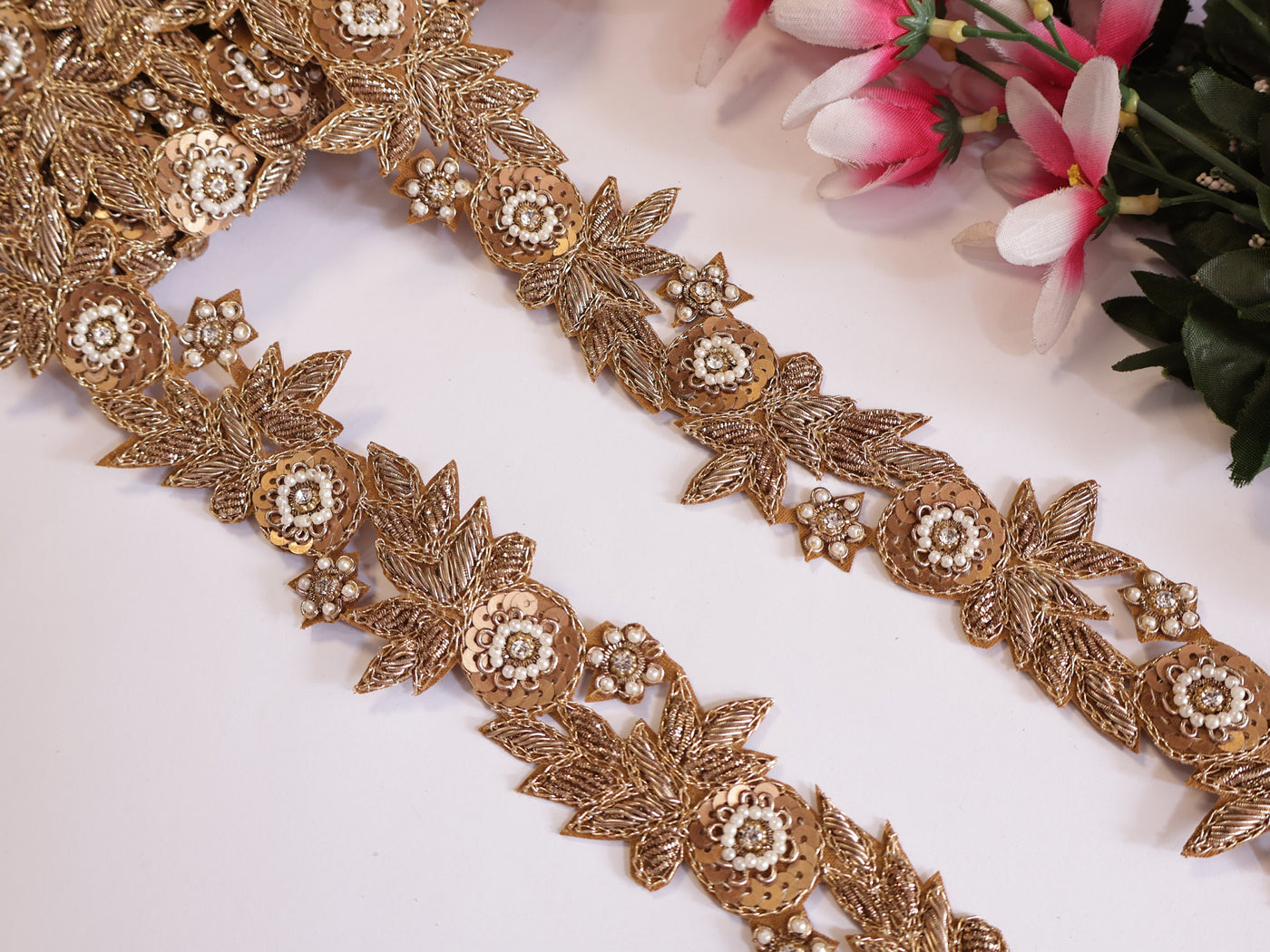 Antique Gold Intricate Trim Vine, Indian Zardozi Sequin Lace - 1 Yard