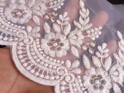 White Floral Embroidered Lace Border: Scalloped Net Fabric Trim (9cm Wide)