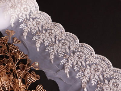White Floral Embroidered Lace Border: Scalloped Net Fabric Trim (9cm Wide)