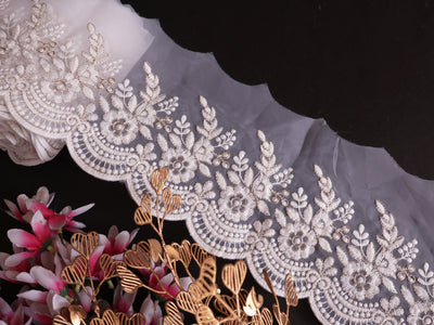 White Floral Embroidered Lace Border: Scalloped Net Fabric Trim (9cm Wide)