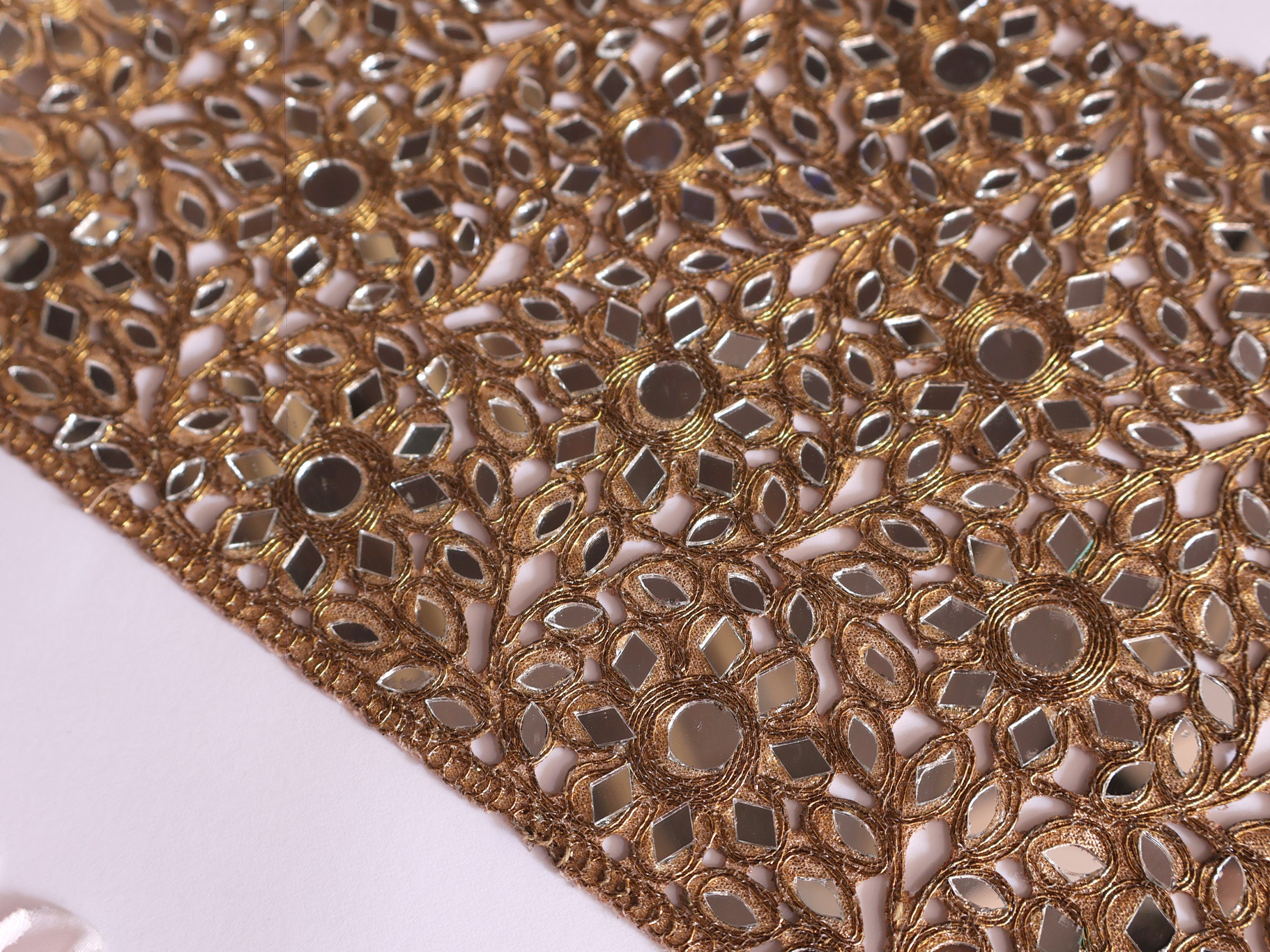 Antique Gold Mirrorwork Lace Border: Indian Wedding Dress Embellishment (20cm)