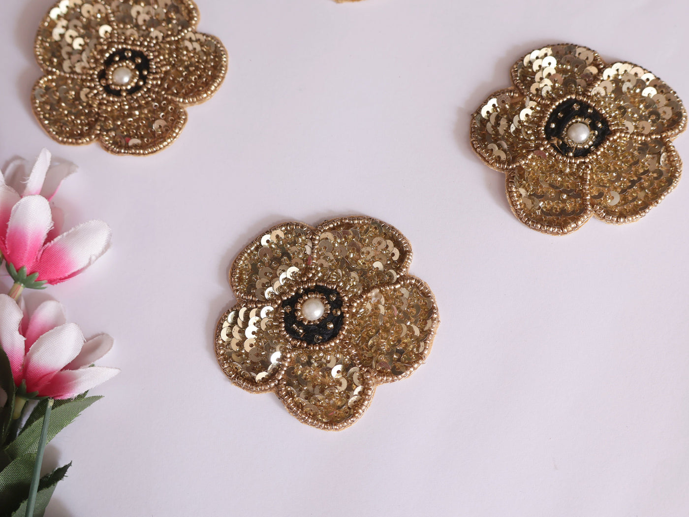 Set of 4 - Floral Golden Sequin Handcrafted Sequin Applique Patch