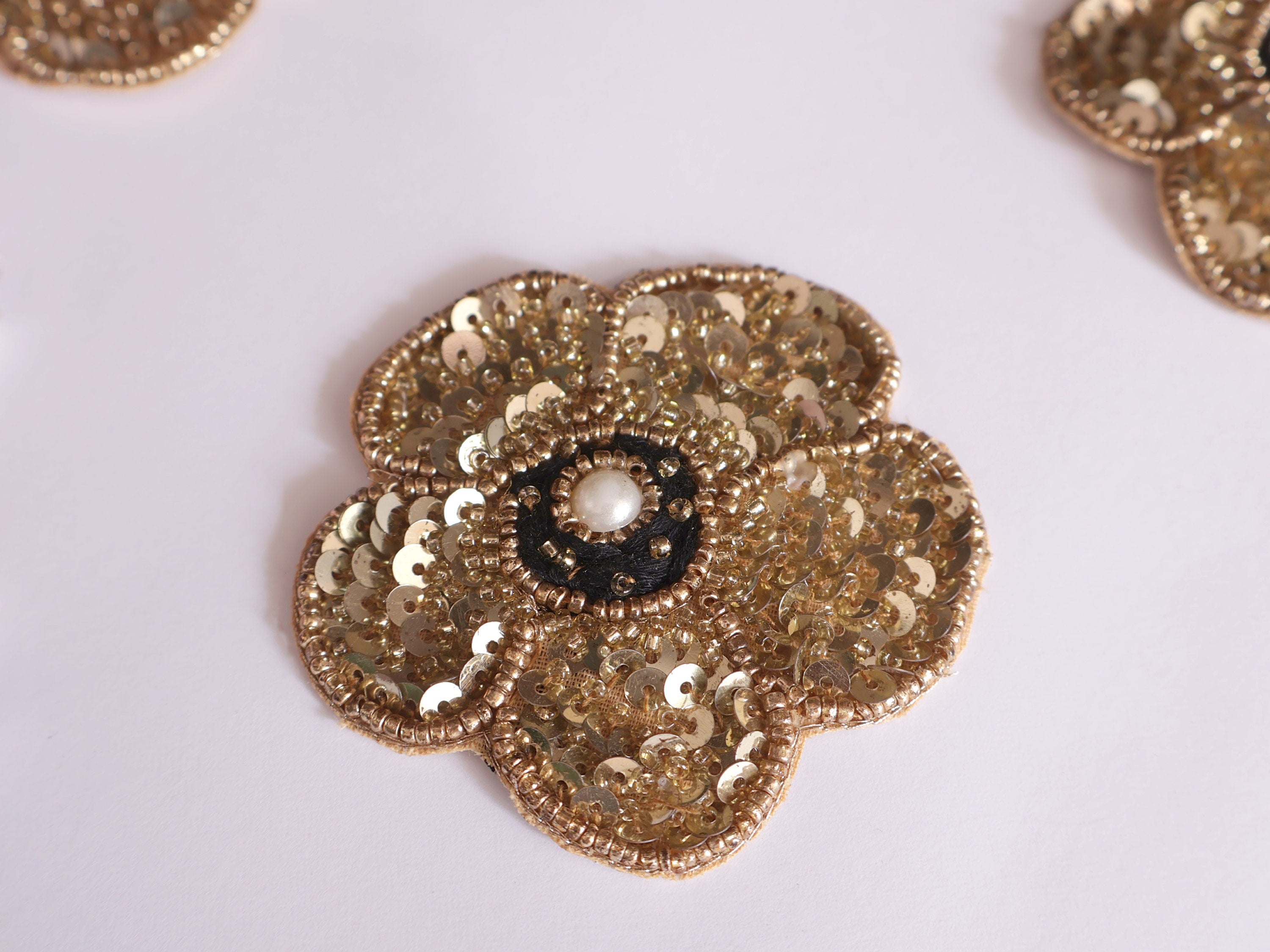 Floral Golden Sequin Applique Patches: Indian Embroidered Sew-On Embellishments (Set of 4)