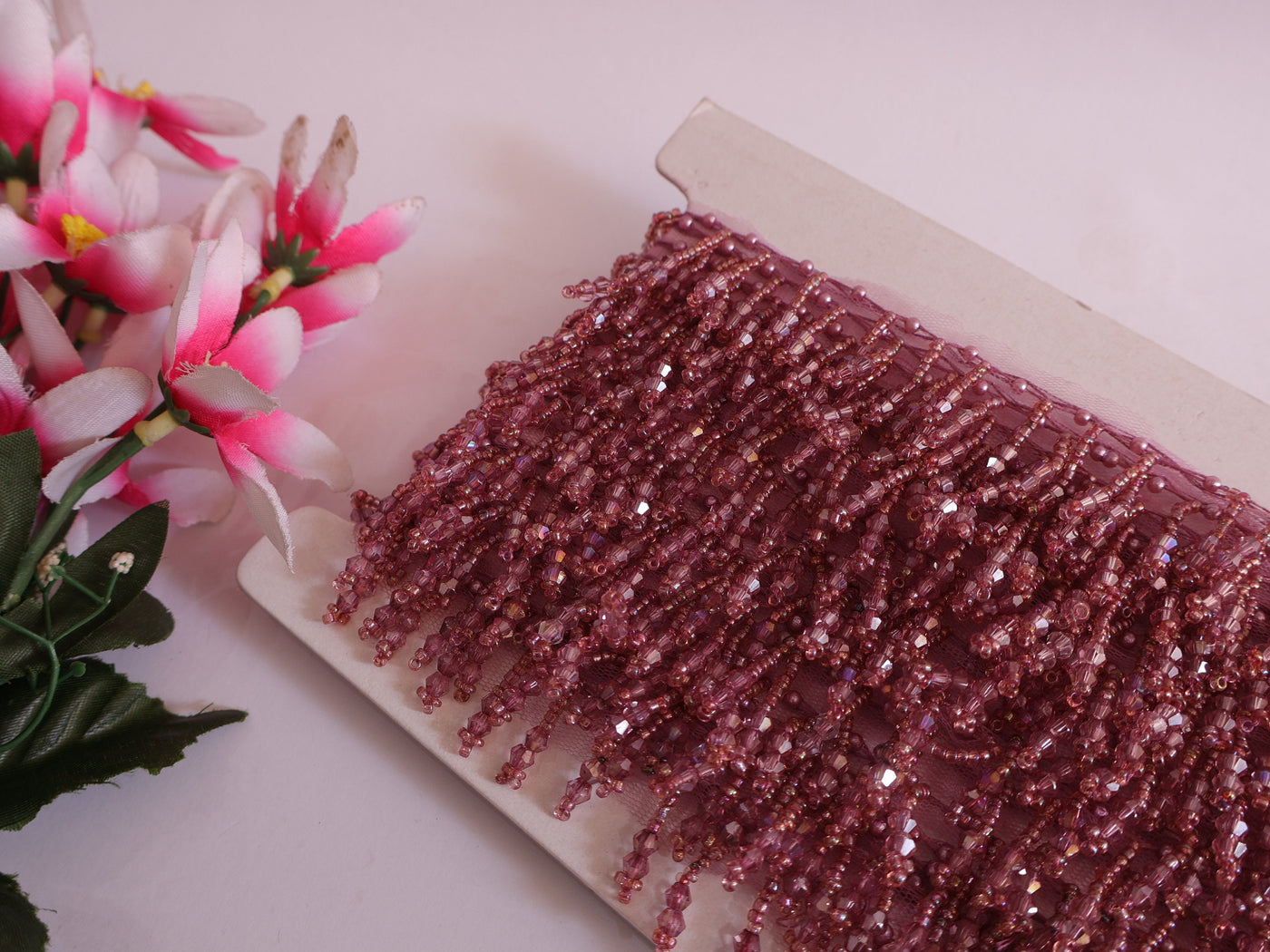 Wine Cutdana Crystal Beaded Tassel Lace - Indian Dupatta Trim