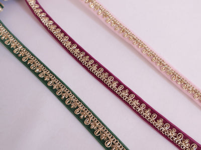 Zari Trim Lace: Green, Pink, Purple Indian Sari Border (1.2 cm Wide)