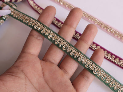 Zari Trim Lace: Green, Pink, Purple Indian Sari Border (1.2 cm Wide)