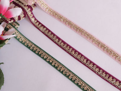 Zari Trim Lace: Green, Pink, Purple Indian Sari Border (1.2 cm Wide)