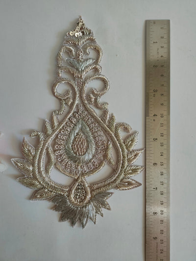 1 Pair - Silver Sew On Lamp Design Zardozi Embroidered Patch