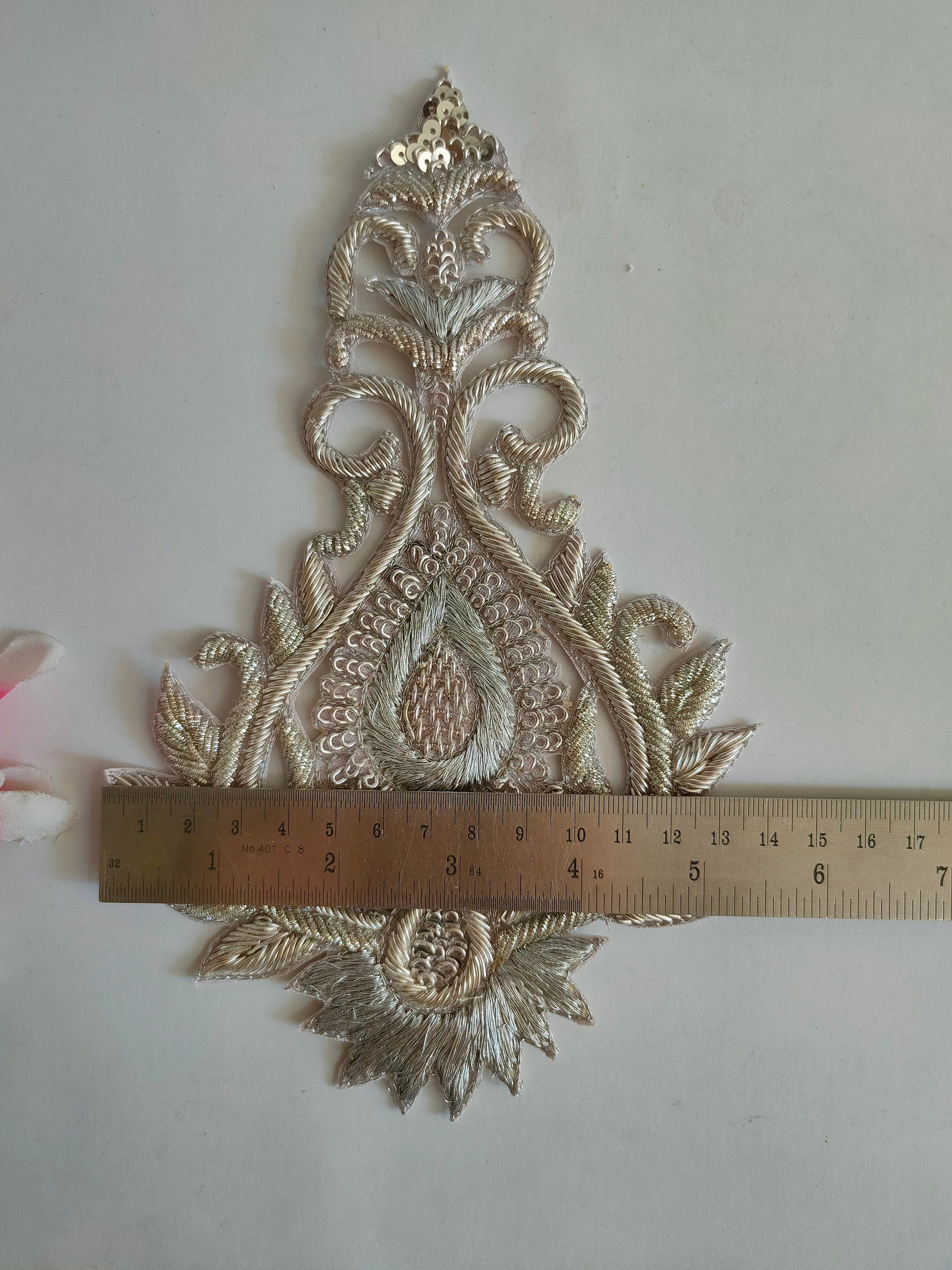 Silver Zardozi Embroidered Applique Patches: Indian Sari Suit Garment Embellishments