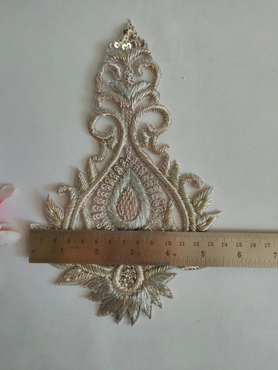 1 Pair - Silver Sew On Lamp Design Zardozi Embroidered Patch