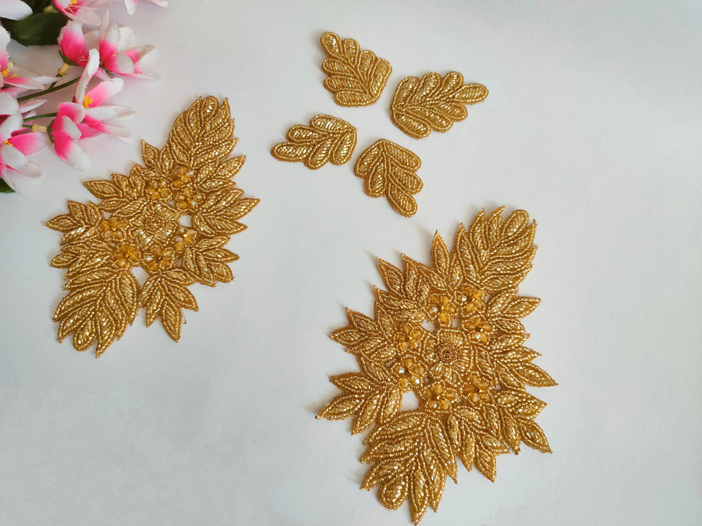 Gold Beaded Applique Patches: Baroque Embroidered Floral Sew-On Set