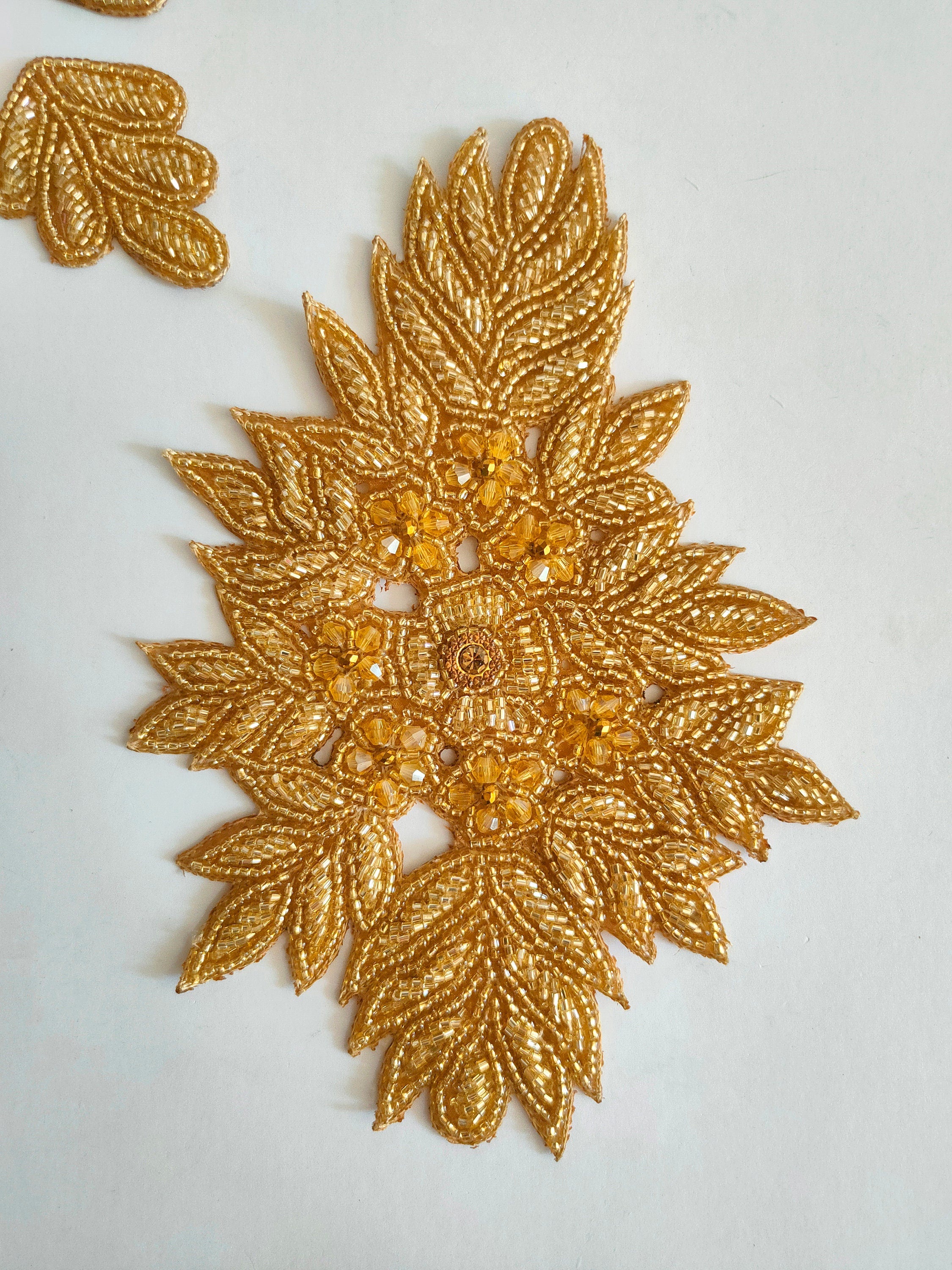 Gold Beaded Applique Patches: Baroque Embroidered Floral Sew-On Set