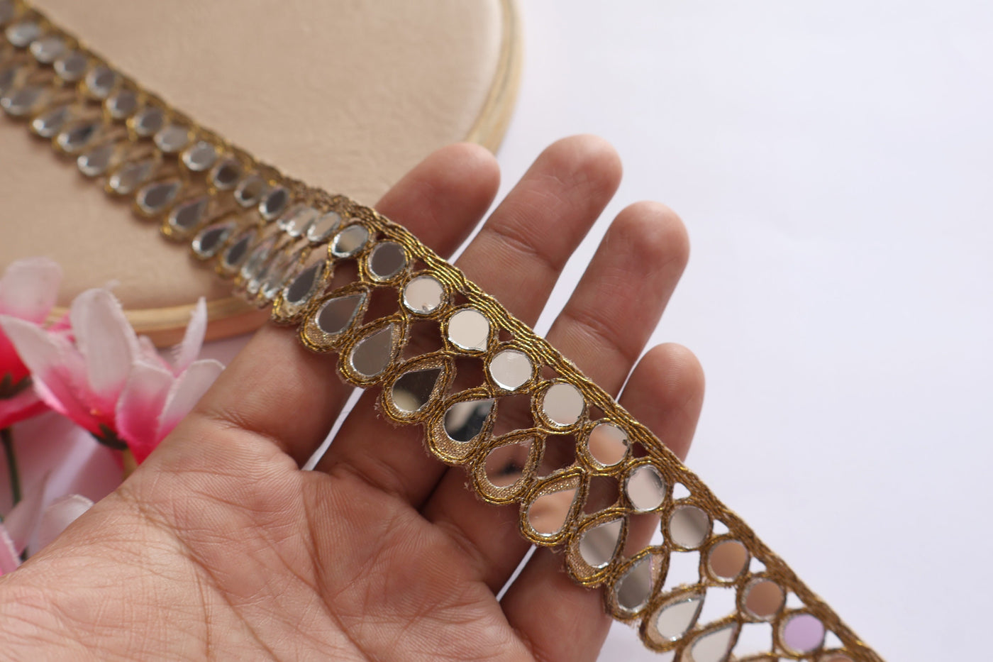 3 Yards Golden Mirror Sari Border: Indian Cutwork Lace Trim (2.5 cm)