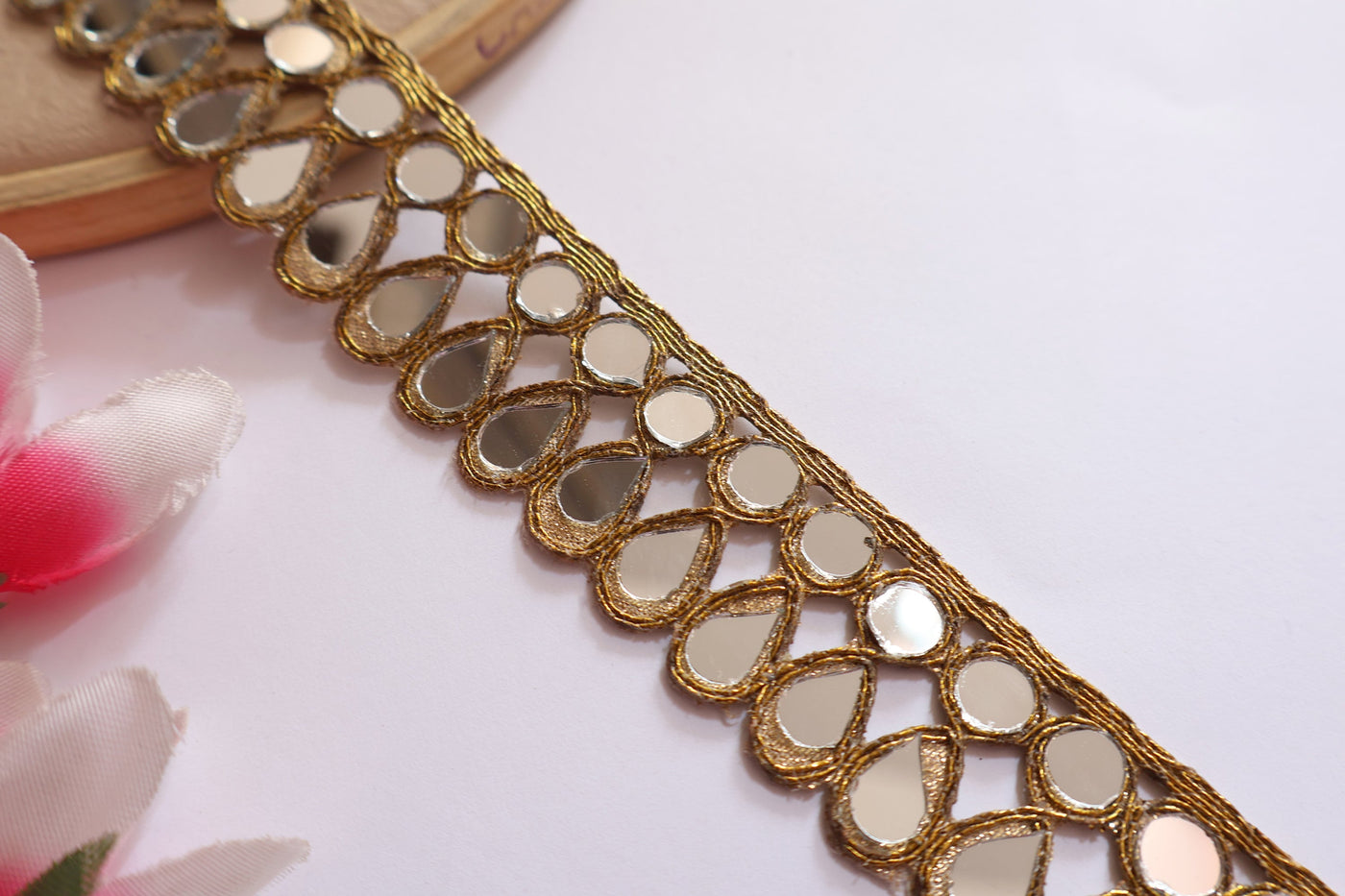 3 Yards Golden Mirror Sari Border: Indian Cutwork Lace Trim (2.5 cm)