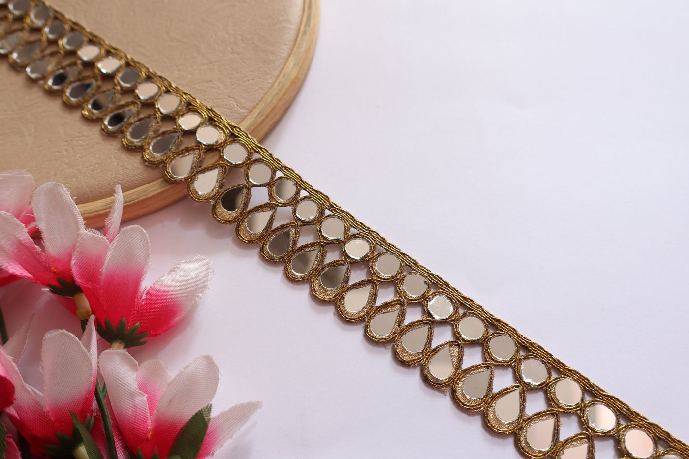 3 Yards Golden Mirror Sari Border: Indian Cutwork Lace Trim (2.5 cm)