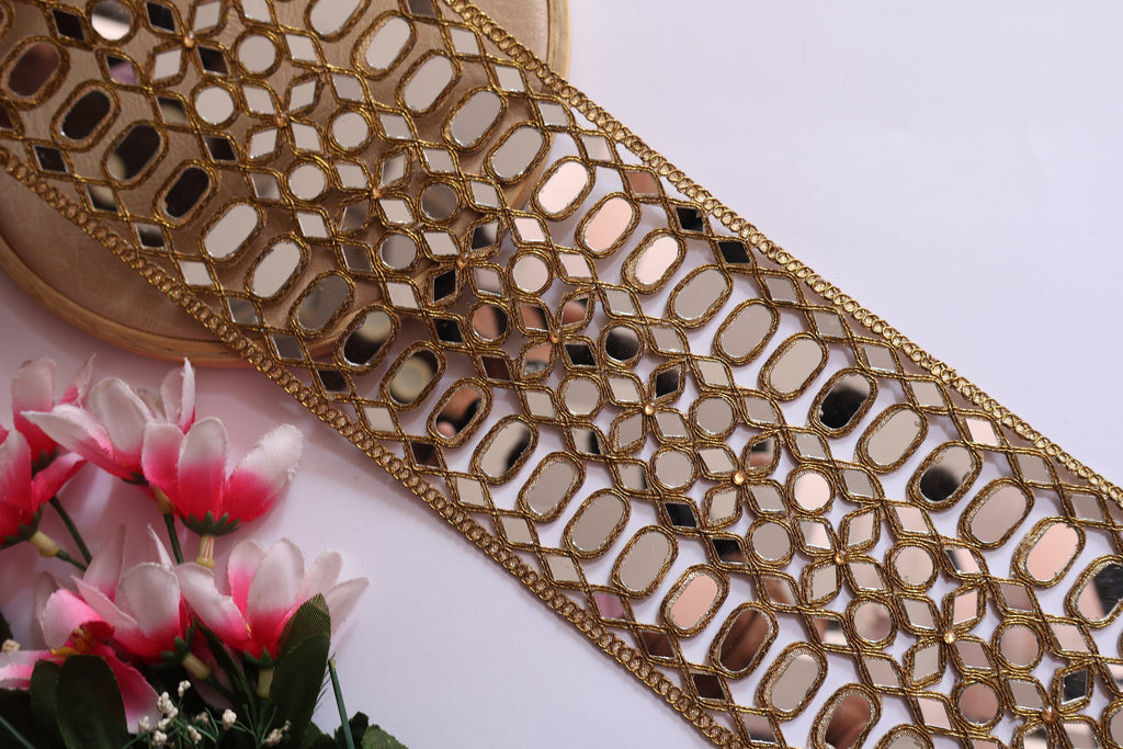 Mirror Sari Border Trim: Dark Gold Cutwork Lace, Indian Embellishments - 12cm Wide