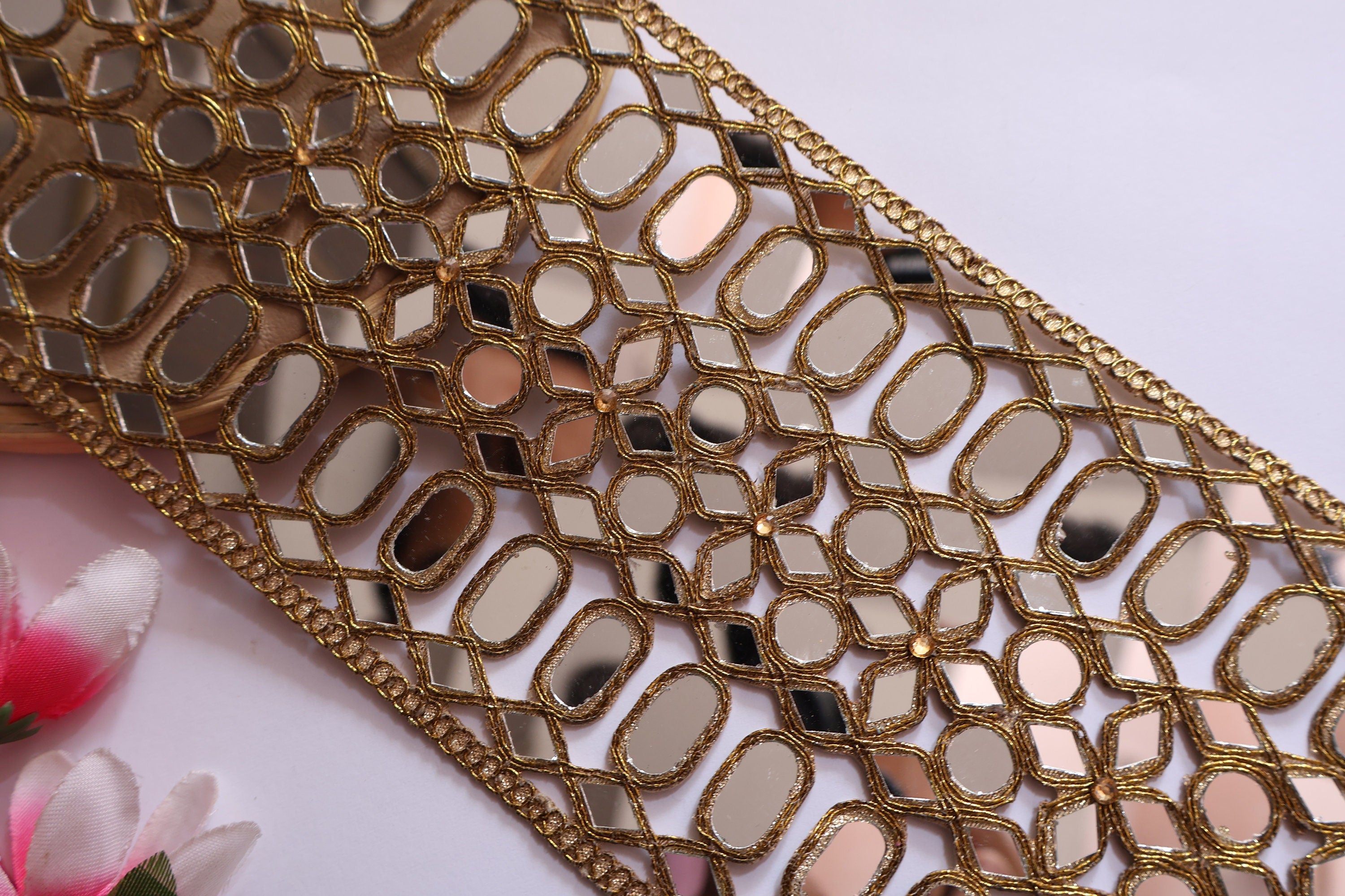 Mirror Sari Border Trim: Dark Gold Cutwork Lace, Indian Embellishments - 12cm Wide