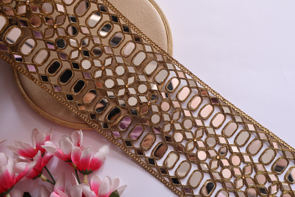 Mirror Sari Border Trim: Dark Gold Cutwork Lace, Indian Embellishments - 12cm Wide
