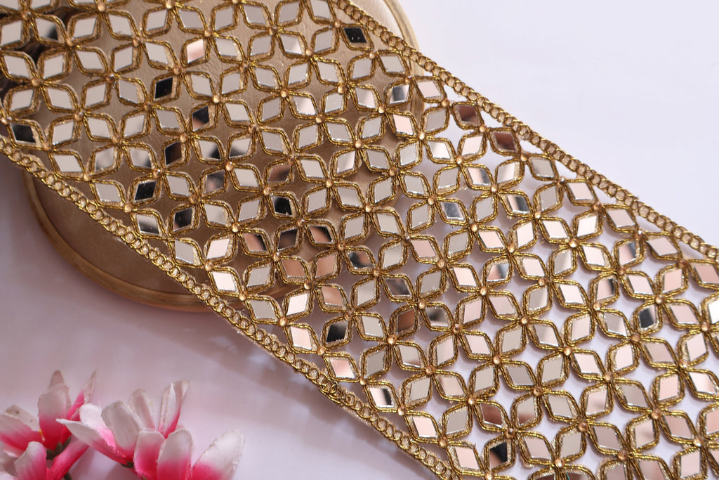 Mirrorwork Broad Lace Trim: Gold Cutwork Border, Indian Embellishment (14cm)